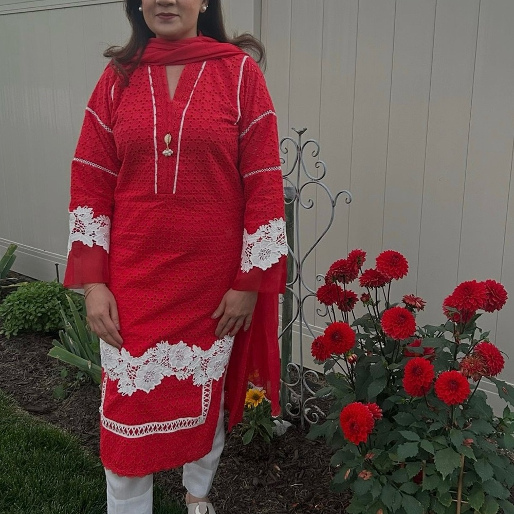 Red and White Embroidered Kurta Set